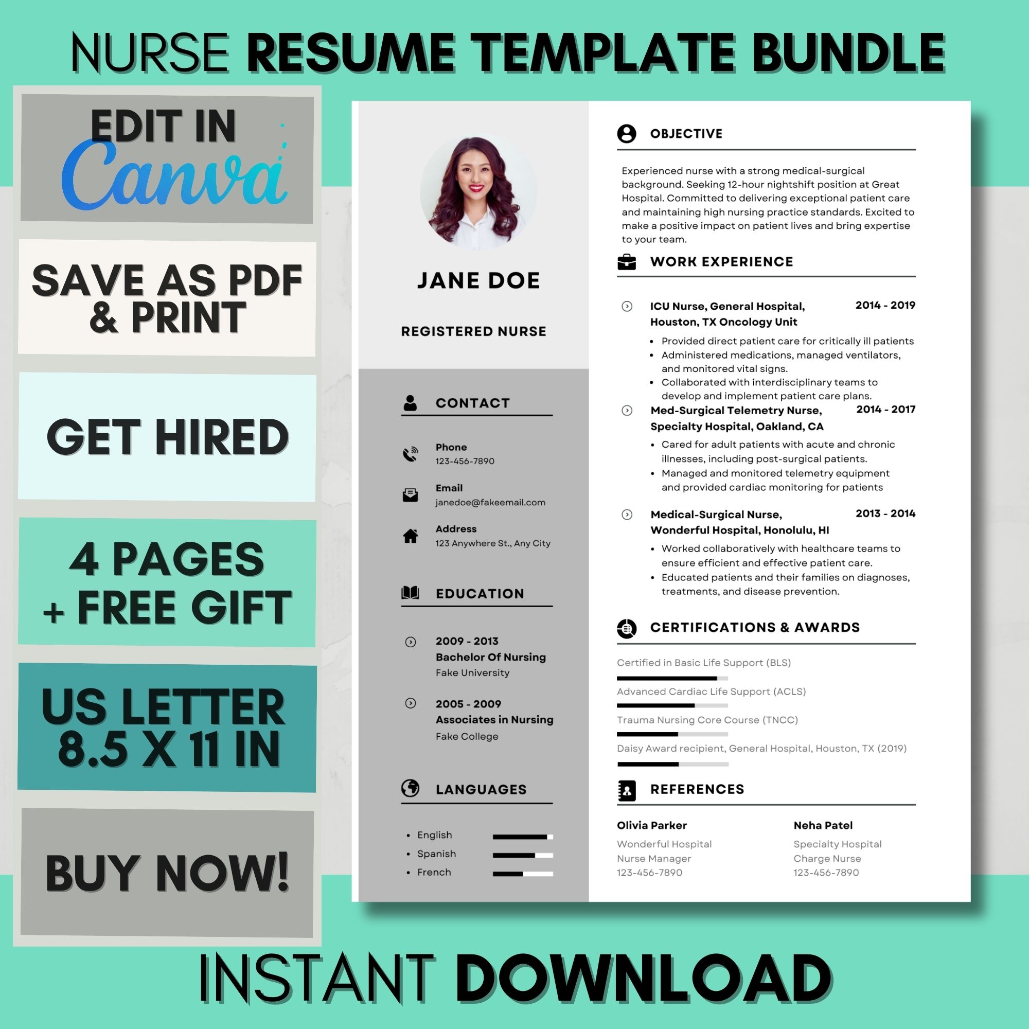 Registered Nurse Modern Professional Resume Editable Canva Template   MOCKUP Registered Nurse Modern Professional Resume Template RNPN 